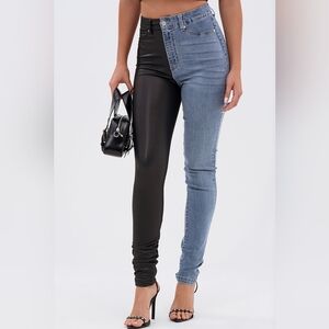 Black Faux Leather Blue Denim Contrast Jeans Pants M